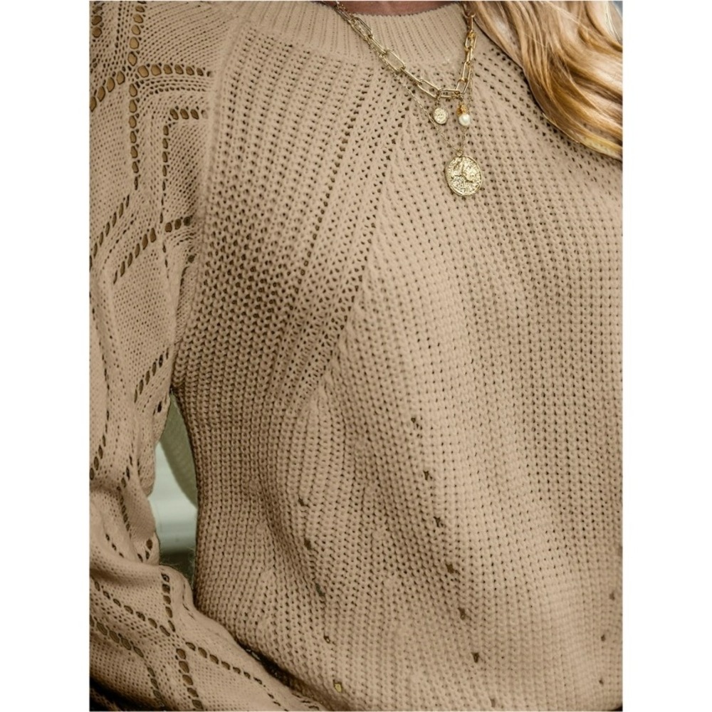 Cupshe Tan‎ Knit Sweater XL Long Sleeve Diamond Cutout Crew Neck Pullover NWT - Picture 3 of 11